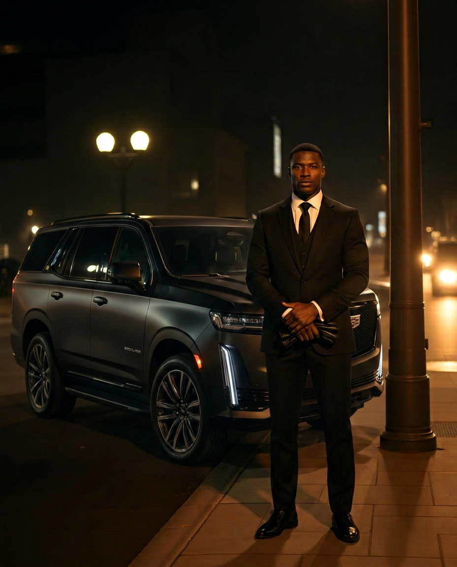 Chauffeur in a black suit standing beside a matte black 2026 Cadillac Escalade on a Buffalo street at night