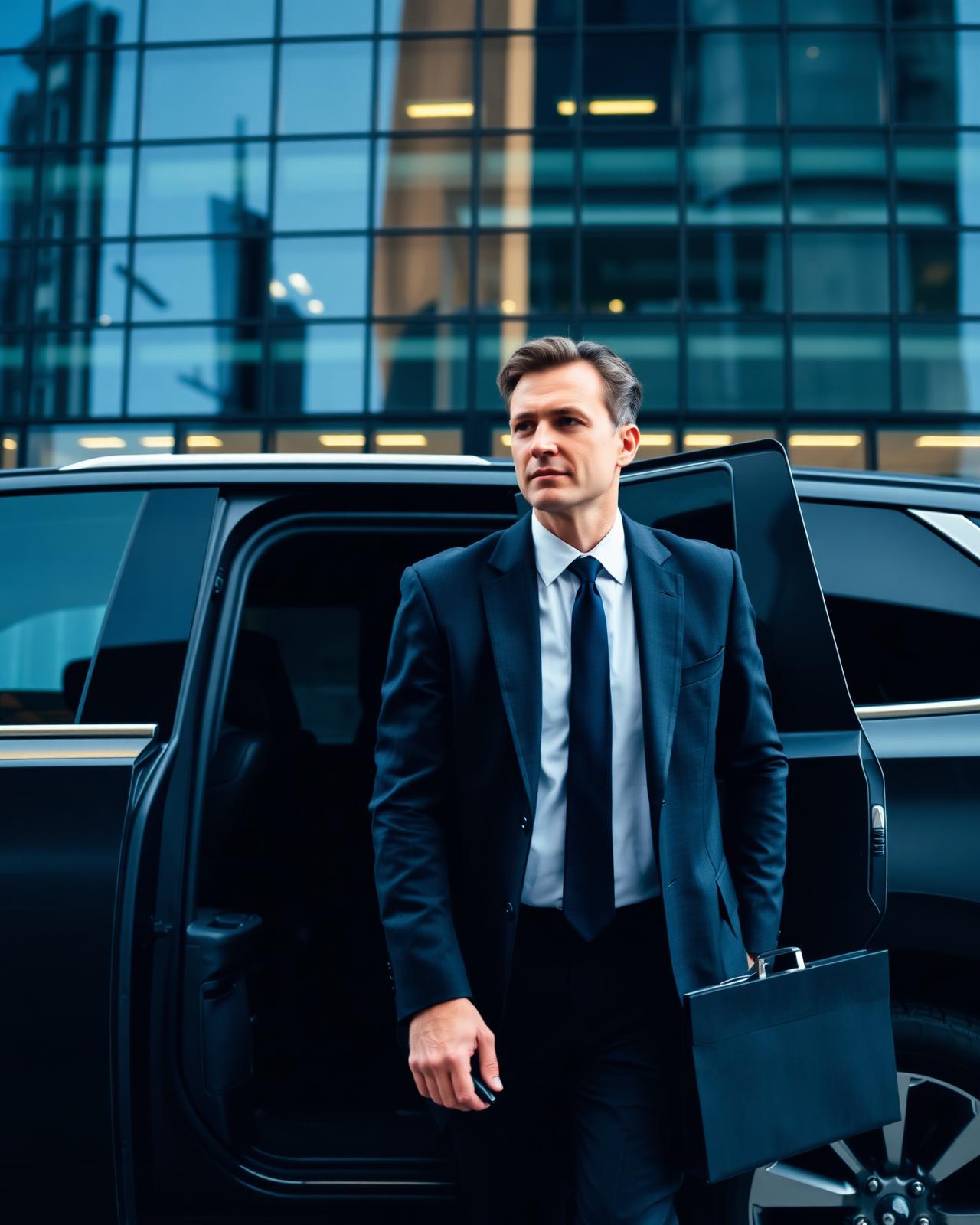 Executive stepping from a black SUV outside a glass office tower at dawn