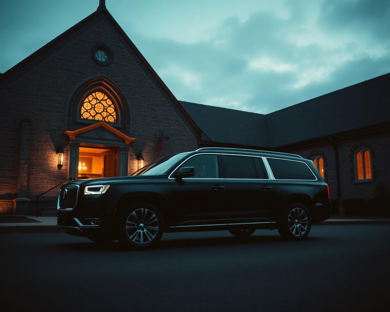 Black luxury SUV waiting outside a stone church at dusk